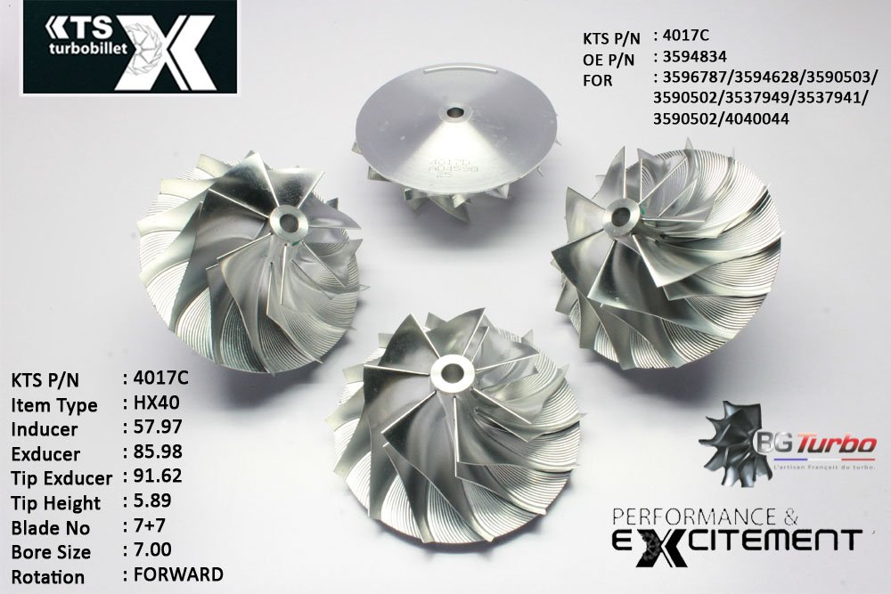 Turbo ROUE FORGÉE MFS PERFORMANCE - 7+7 PALES - INDUCER : 57,97 - EXDUCER : 85,98 - TYPE : HX40ANGLE : 70° - ROTATION : Forward - SUPER BACK : 4,96 - BORE SIZE : 7
